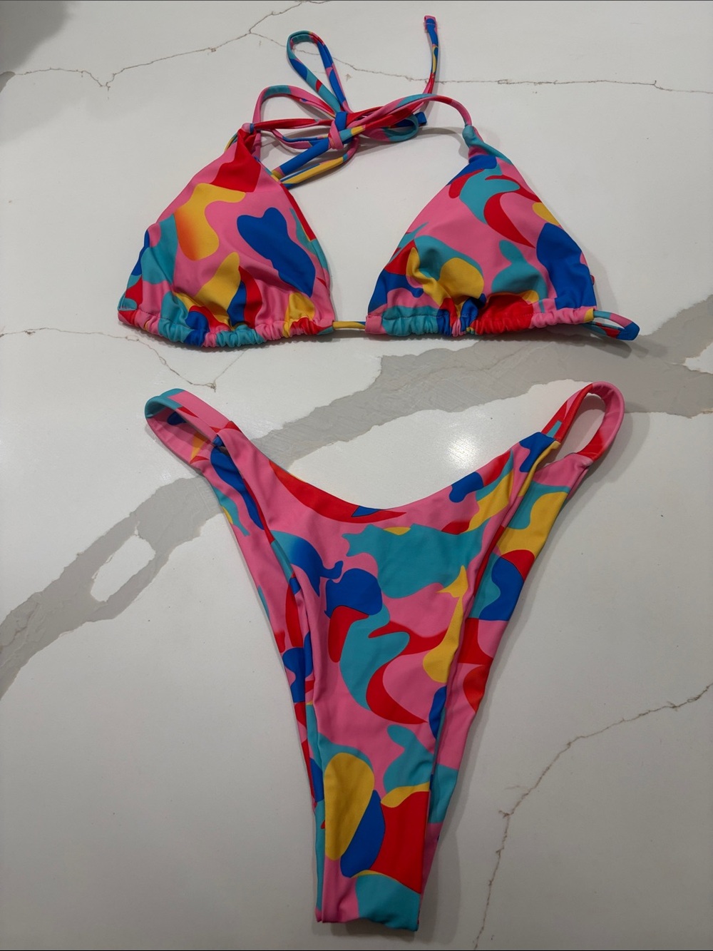 Women's Pink Multi-Color Abstract Triangle Bikini Set